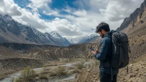 Hiker checking mobile data in a remote Pakistani mountain area