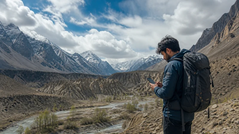 Hiker checking mobile data in a remote Pakistani mountain area