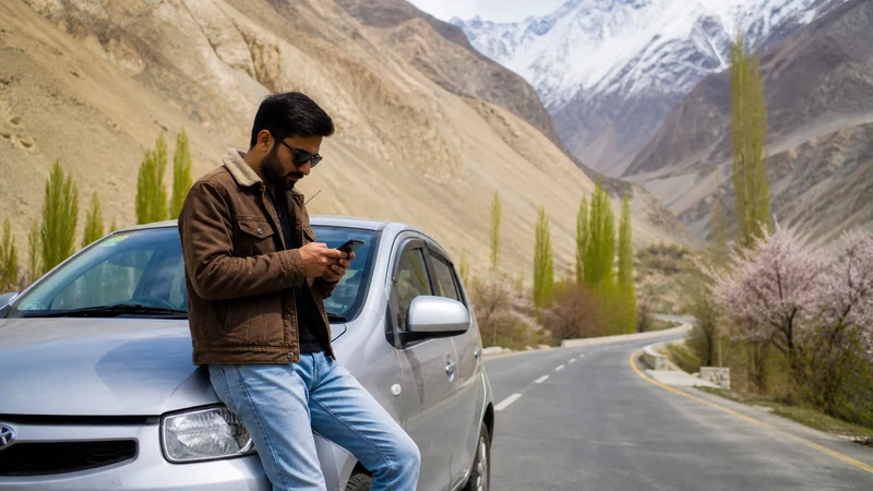 Traveller checking mobile data beside a car on a Pakistan road trip