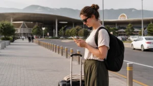 Short-trip traveller checking mobile data at an Islamabad transport hub