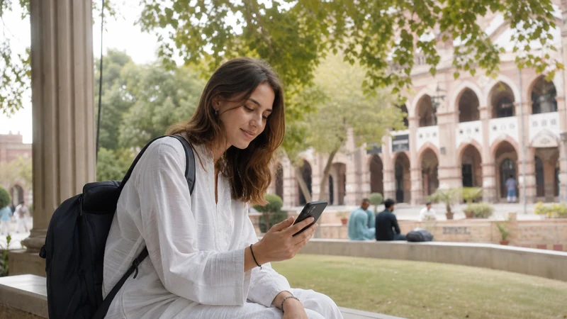 International student using a smartphone on a Pakistani campus