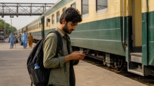 Traveller using a smartphone on a Pakistan railway platform