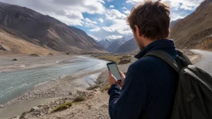 Traveller using a smartphone for mobile internet in pamir: esim and remote travel