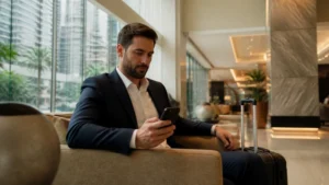 Traveller using a smartphone in Panama for panama business travel internet