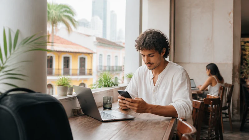 Traveller using a smartphone in Panama for panama digital nomad internet