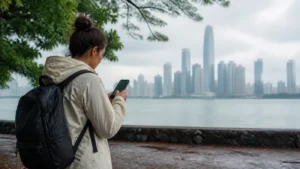 Traveller using a smartphone in Panama for panama emergency connectivity