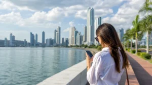 Traveller using a smartphone in Panama for panama esim android