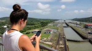Traveller using a smartphone in Panama for panama esim coverage