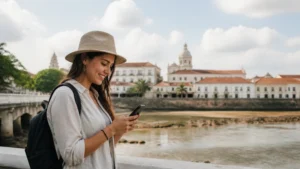 Traveller using a smartphone in Panama for panama esim for central america trip