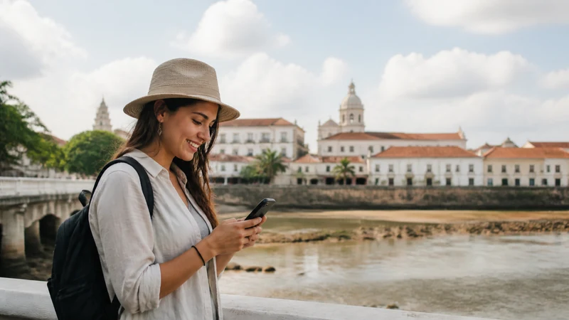 Traveller using a smartphone in Panama for panama esim for central america trip