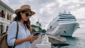 Traveller using a smartphone in Panama for panama esim for cruise passengers
