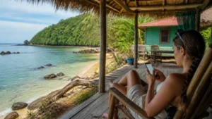 Traveller using a smartphone in Panama for panama esim hotspot