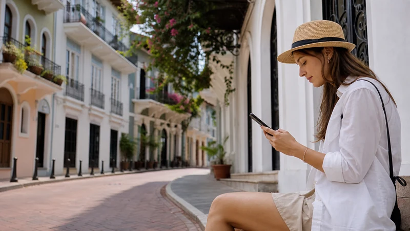 Traveller using a smartphone in Panama for panama esim iphone