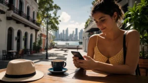 Traveller using a smartphone in Panama for panama esim value guide