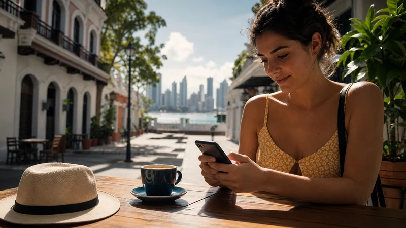Traveller using a smartphone in Panama for panama esim value guide