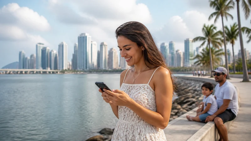 Traveller using a smartphone in Panama for panama family travel internet