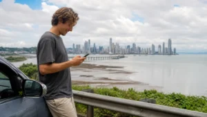 Traveller using a smartphone in Panama for panama road trip mobile internet
