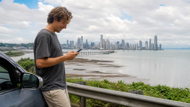 Traveller using a smartphone in Panama for panama road trip mobile internet