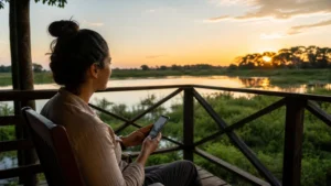 Traveller using a smartphone in Brazil for pantanal mobile internet
