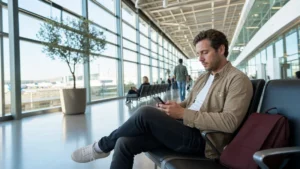 Traveller checking a smartphone inside Paphos Airport
