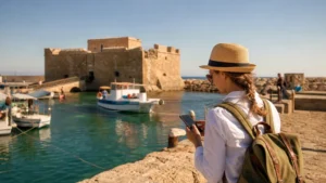 Traveller checking a smartphone near Paphos harbour
