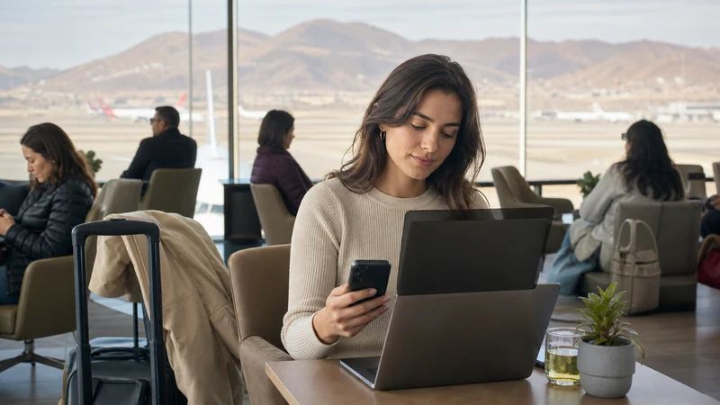 Traveller using a smartphone in Peru for peru airport wifi security