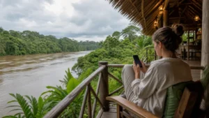 Traveller using a smartphone in Peru for peru amazon mobile internet