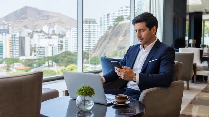 Traveller using a smartphone in Peru for peru business travel internet