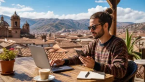 Traveller using a smartphone in Peru for peru digital nomad internet