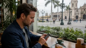 Traveller using a smartphone in Peru for peru esim android
