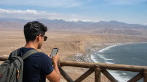 Traveller using a smartphone in Peru for peru esim coverage