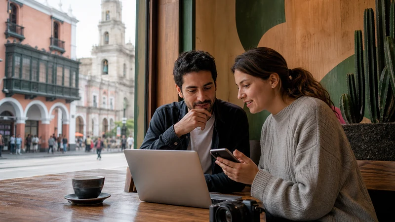 Traveller using a smartphone in Peru for peru esim hotspot