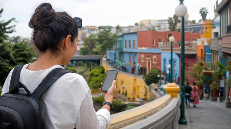 Traveller using a smartphone in Peru for peru esim iphone