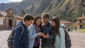 Traveller using a smartphone in Peru for peru family travel internet