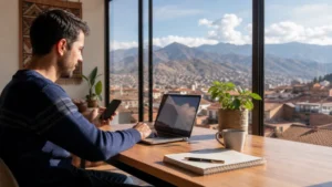 Traveller using a smartphone in Peru for peru long stay mobile internet