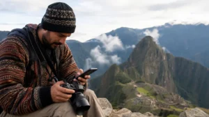 Traveller using a smartphone in Peru for peru photography trip internet