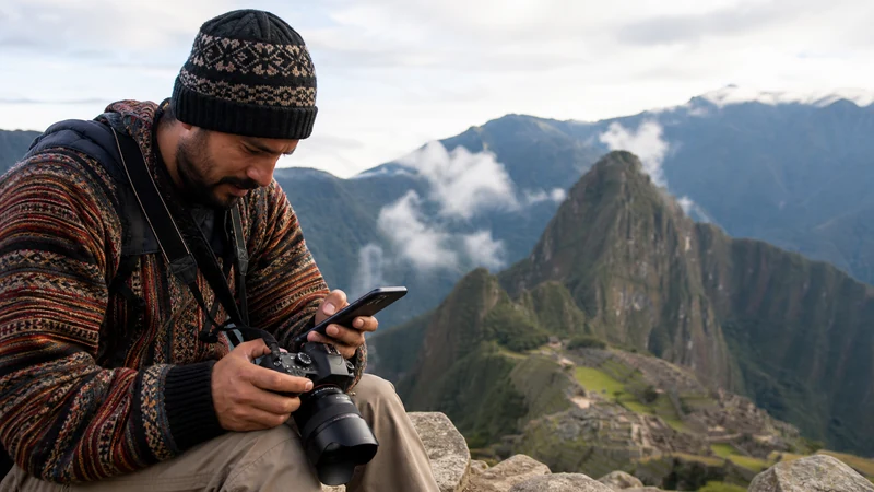 Traveller using a smartphone in Peru for peru photography trip internet