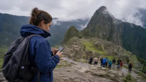 Traveller using a smartphone in Peru for peru rainy season mobile internet