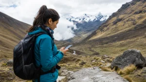 Traveller using a smartphone in Peru for peru remote areas mobile internet