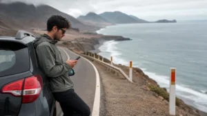 Traveller using a smartphone in Peru for peru road trip mobile internet