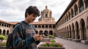 Traveller using a smartphone in Peru for peru student travel internet