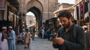 Traveller checking mobile directions in Peshawar