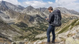 Hiker checking a smartphone in Bulgaria’s Pirin Mountains