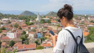 Traveller checking a smartphone above Plovdiv Old Town