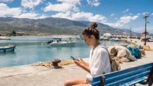 Traveller checking a smartphone beside Latchi harbour