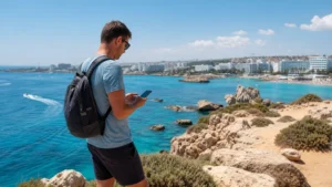 Traveller checking a smartphone above the Protaras coast