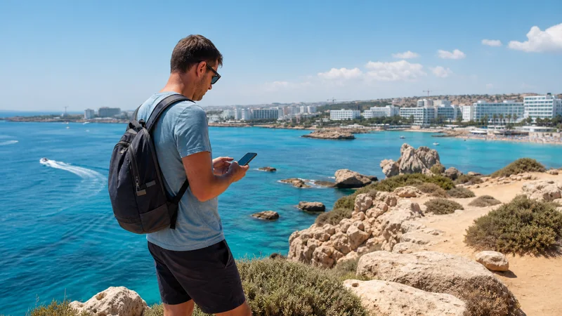 Traveller checking a smartphone above the Protaras coast