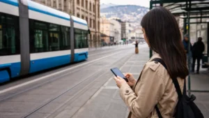 Traveller using a smartphone during public transport apps in bosnia and herzegovina in Bosnia and Herzegovina.
