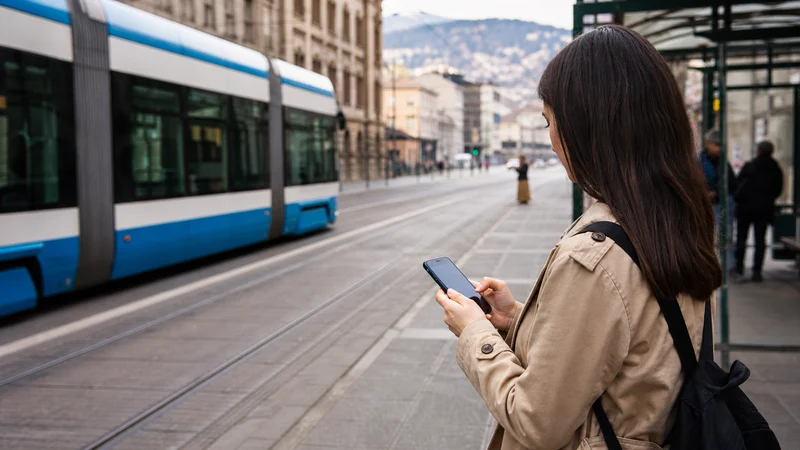 Traveller using a smartphone during public transport apps in bosnia and herzegovina in Bosnia and Herzegovina.