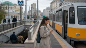 Traveller checking a smartphone beside a tram and metro entrance in Sofia